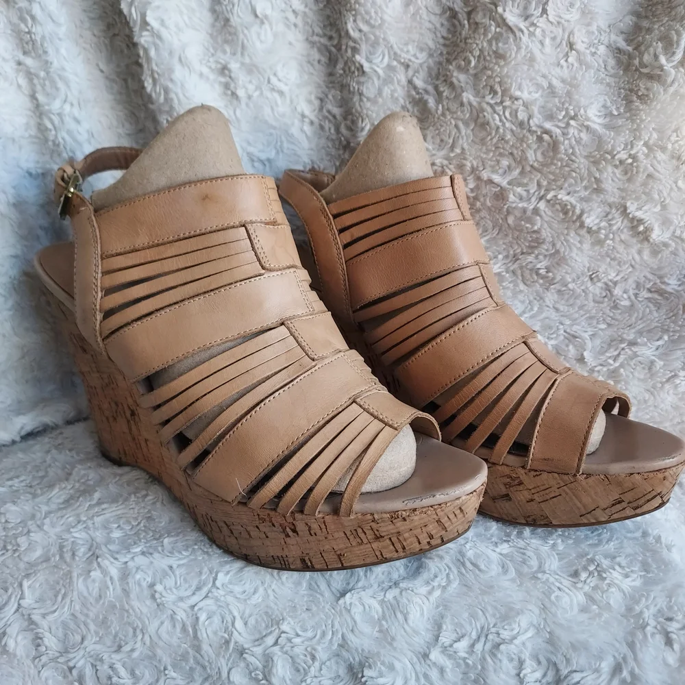 Franco Sarto Strappy Leather Tan Cork Wedge Sandals 9.5 Summer Beach Boho